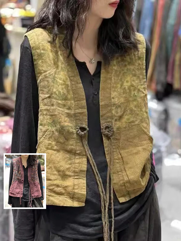 

Retro Print Patchwork Cotton Linen Women's Vest Large Size V Ne Svel Casual Cardigan Overlap Wear Summer Outerwear