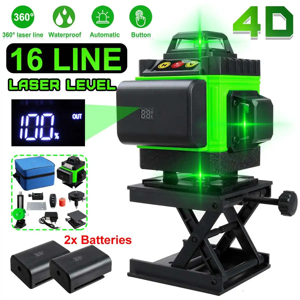 MUSTOOL 16 Lines 4D Laser Level Self-Leveling 360 Horizontal And Vertical Cross Super Powerful Green Laser Level With 2 Battery