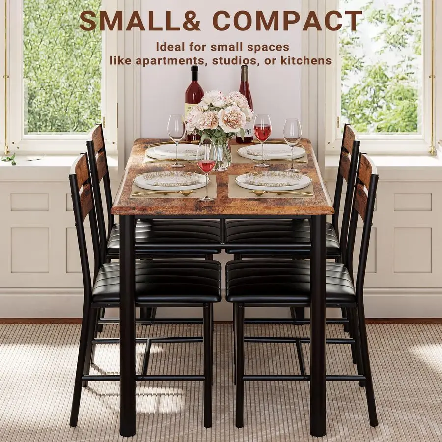 ชุดโต๊ะอาหารสำหรับ 4 ที่นั่ง โต๊ะไม้สำหรับห้องครัวพร้อมเก้าอี้หุ้มเบาะ สำหรับห้องครัวและพื้นที่ขนาดเล็ก สีน้ำตาลแบบเรียบง่าย