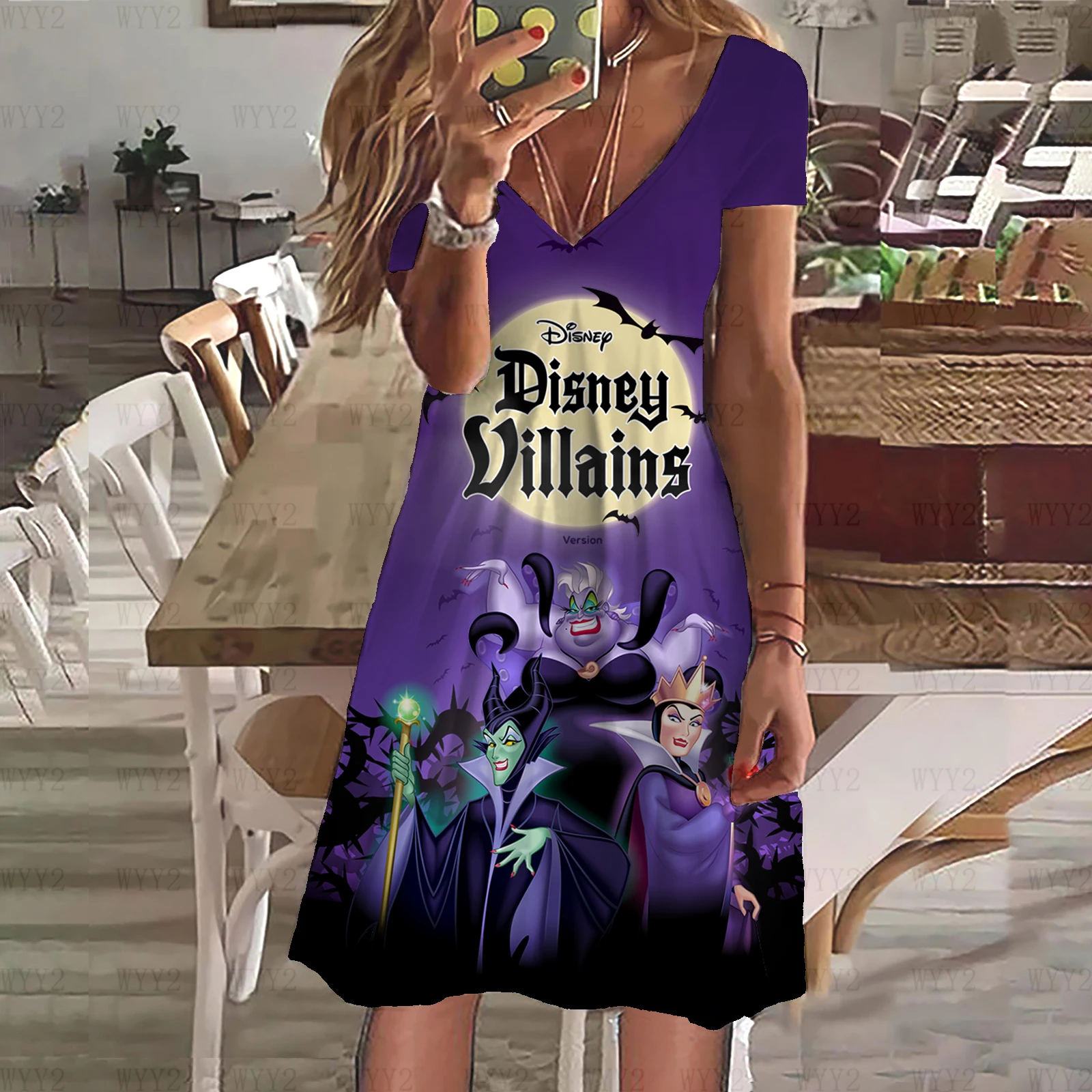 Disney maléfica Vestido de manga corta para mujer, estampado con cuello en V, patrón de dibujos animados, informal, Simple, viento, Verano