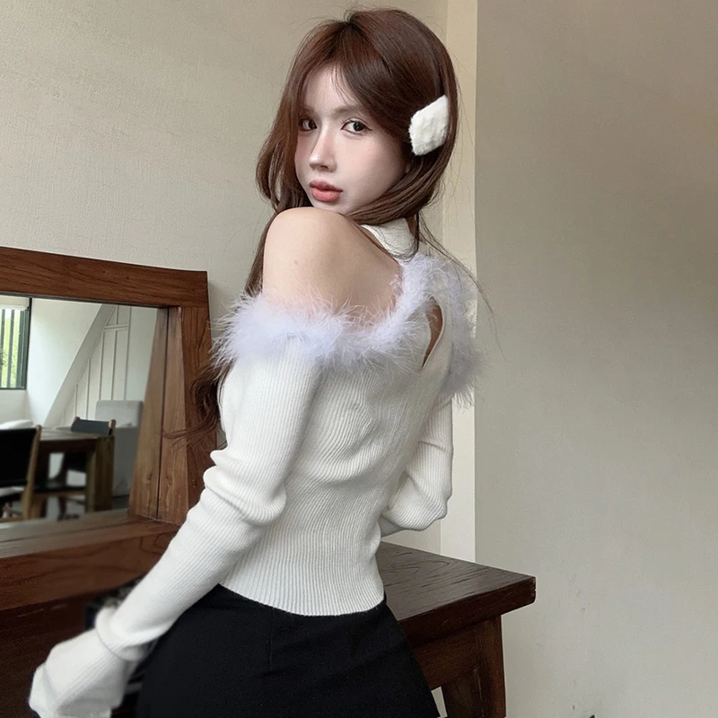 Sexy Slim Lint Stitching Korean Version Knitted Long Sleeves Top Women's Knitted Top Half High Collar Solid Colour