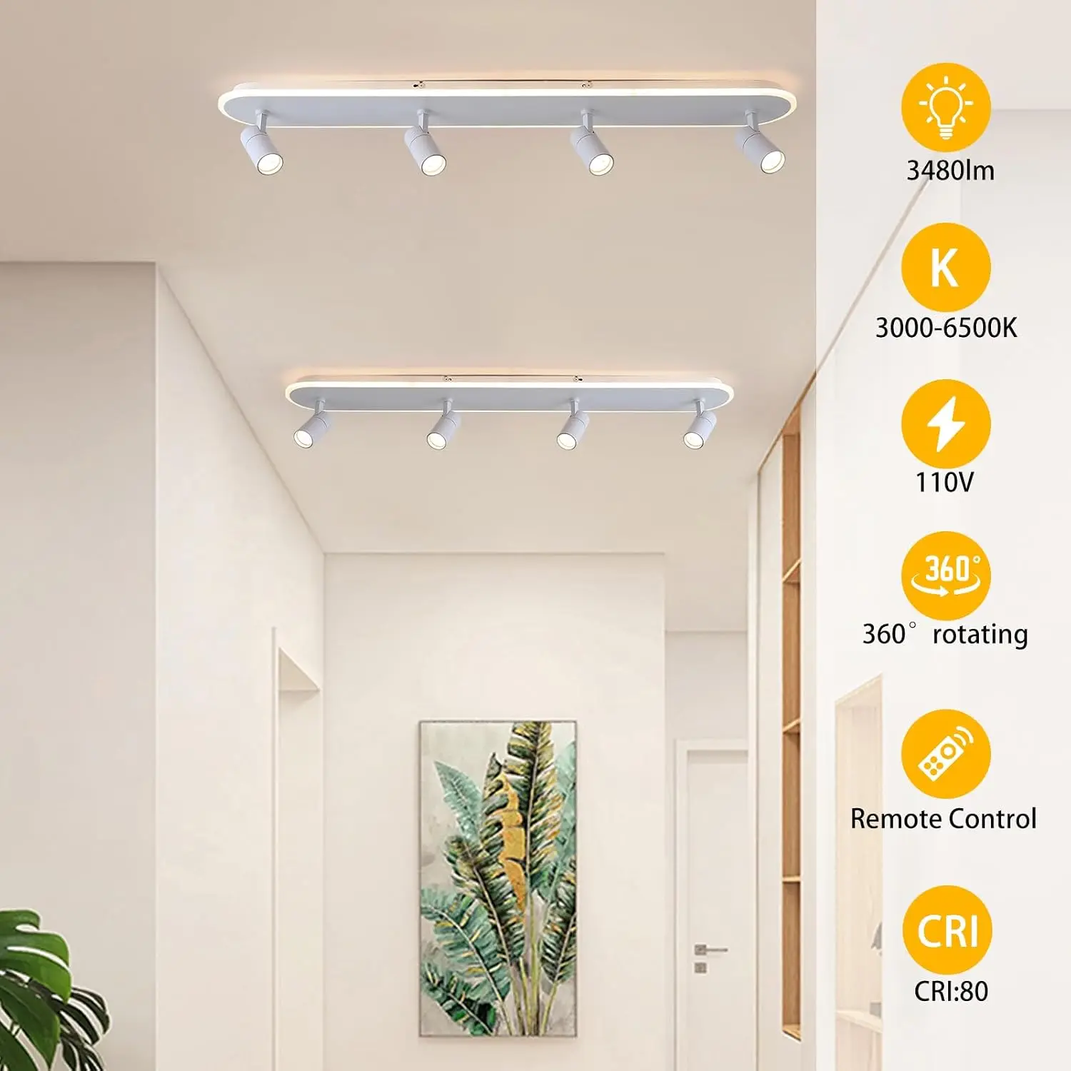 Dimmable LED Ceiling Lamp Linear White 58W Four Spotlight Remote Flush Mount Chandelier Fixture Bedroom Closet Hallway