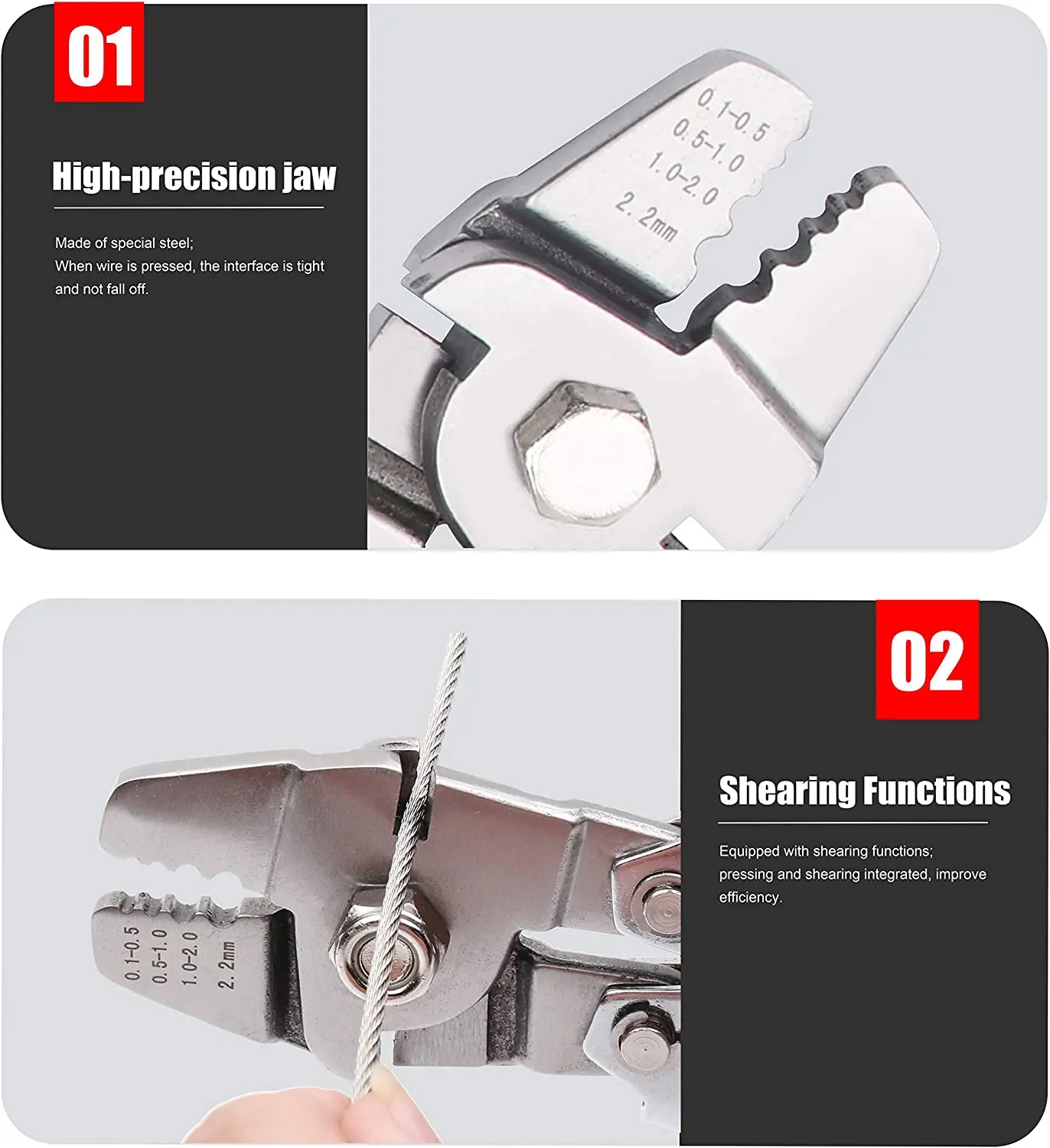 Drahtseil-Crimp-Stauchwerkzeug, Kabelcrimps – für Aluminium-Doppelzylinder-Ferrule, Crimpschlaufenhülse 0,1 mm–2,2 mm – Detail 7