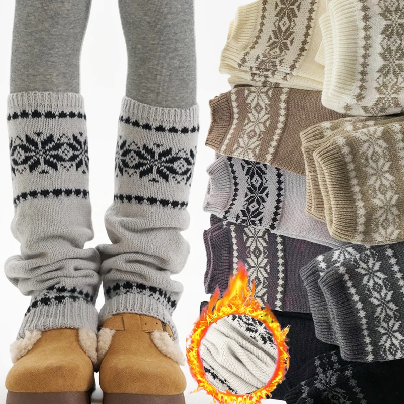 

Winter Snowflake Wool Leg Warmers for Women Knitted Foot Cover Knee Socks JK Lolita Girls Stockings Fair Isle Piled Boot Covers