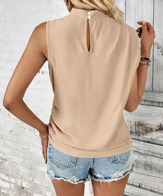 

Summer Elegant Casual Solid Color Simple Stand Up Collar Pleated Design Slim Fit Sleeveless Straight Tube Chiffon Shirt
