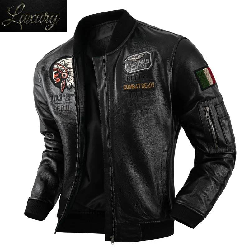 

2023 New Indian Embroidery Baseball Uniform Pure Top Layer Cowhide Leather jacket Men's Motorcycle Slim Jackets