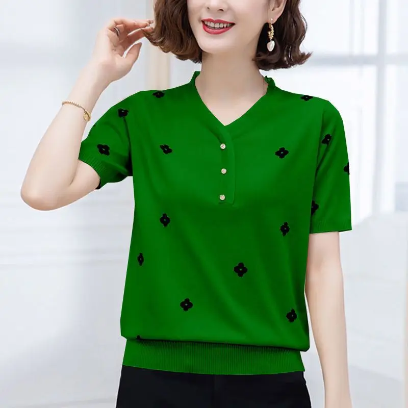 Fashion V-Neck Spliced Button Loose Embroidery Blouse Women\'s Clothing 2023 Summer New Oversized Casual Pullovers Commuter Shirt