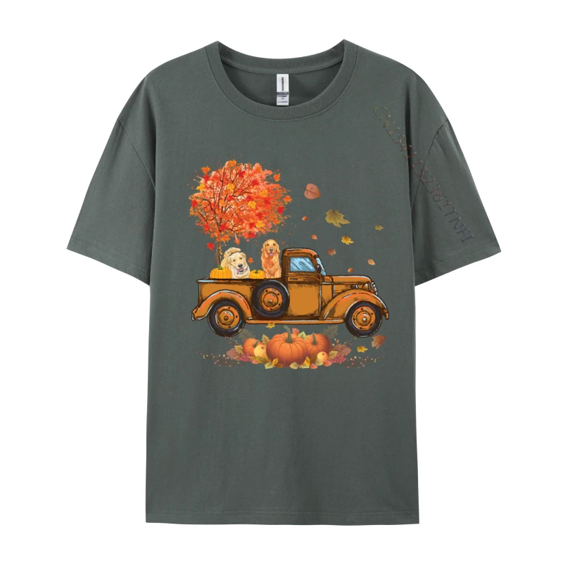 Golden Retriever Pumpkin Truck Autumn Leaf Fall thanksgiving Combed Cotton Men Crazy Tshirts Funny Tops & Tees New Design