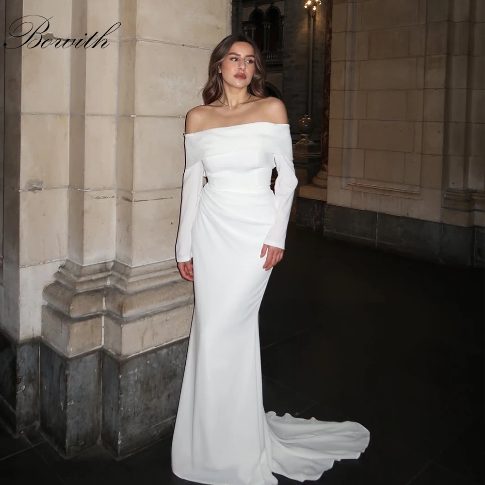 

Bowith Elegant Evening Dresses Boat Neck Formal Gown Customized Party Dresses Off the Shoulder Long Sleeves Evening Dresses