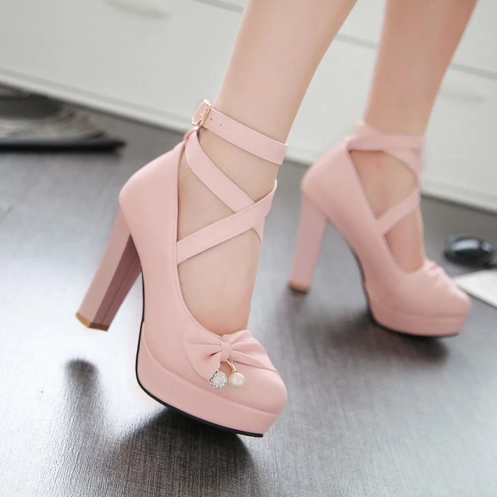 Shoes Woman Pumps Cross-tied Ankle Strap White Pink Wedding Party Shoes Platform Dress Women Shoes High Heels Bow Ladies shoes