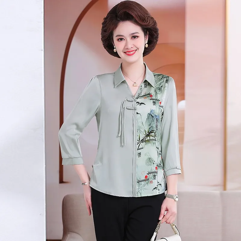 Summer Retro patchwork print Solid Color Shirt Ladies Half Sleeve Loose Casual Top Women Elegant Vintage Shirring Blouses