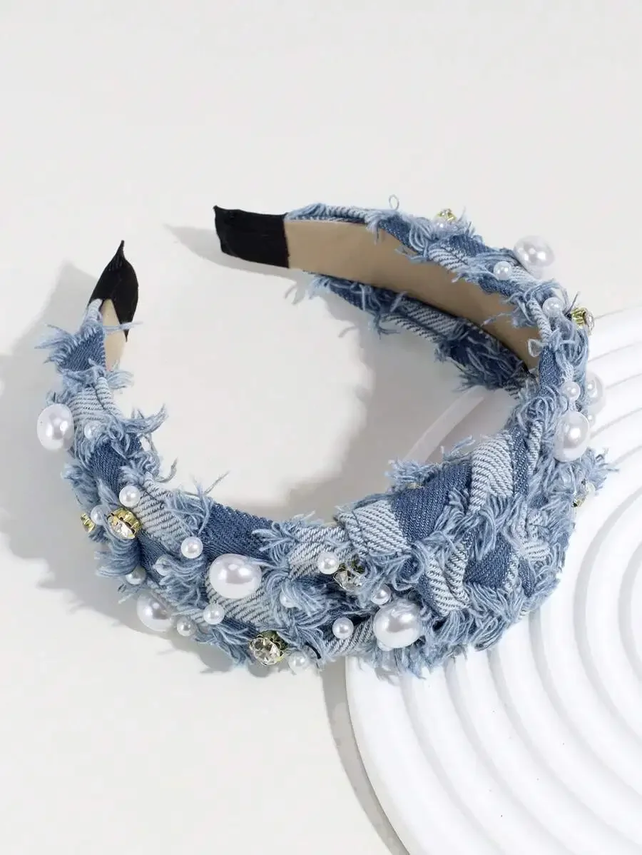 

Wide Denim Headband With Faux Pearls And Rhinestones For Women