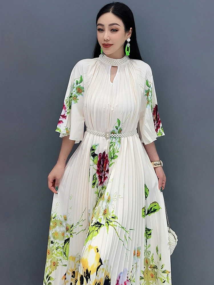 SHENGPALAE Pleated Dress For Women 2024 Summer New Printed Elegant Chic Casual Large Hem A-line Long Dresses Female Robe 5C1144