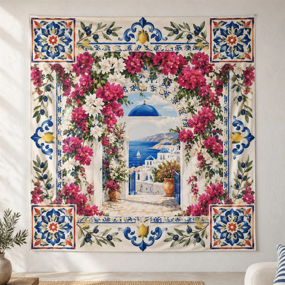 VIKAMA Bougainvillea Wall Corner Motif Tapestry Wall Hanging, Mediterranean Wall Decor Tapestries for Bedroom Nursery Kids Room