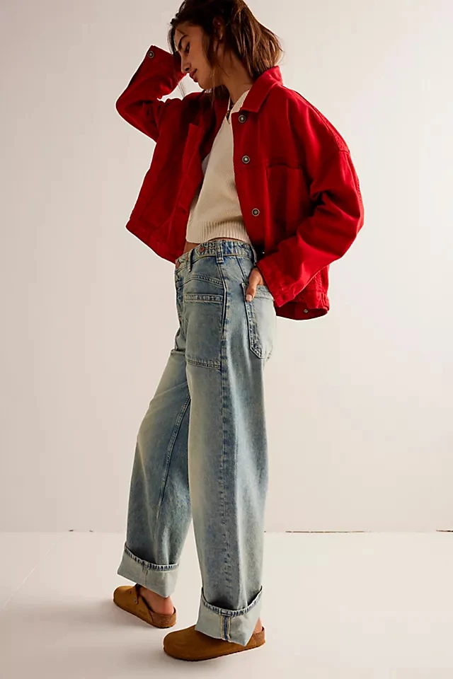 Women Cuffed Jeans Fairy Grunge Mid Rise Relaxed Wide Leg Denim Pants Solid Color Zip Fly and Button Jeans Streetwear