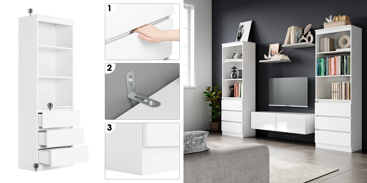 Getone Tall Bookcase, Living Room Bookshelf with 3 Drawers and 3 Shelves, Freestanding Storage Cupboard Display Cabinet 60x35x180cm White/Black/Oak
