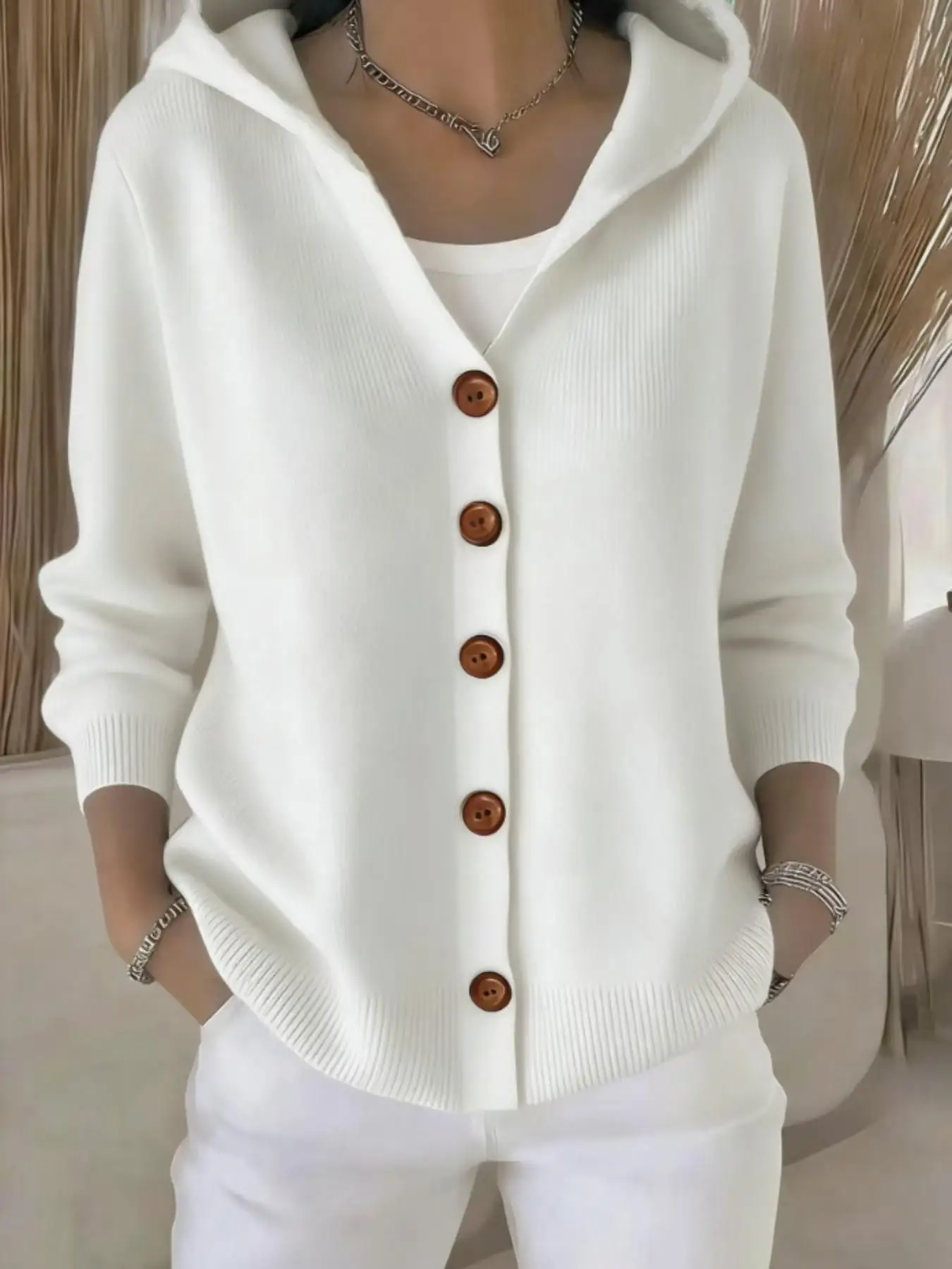 plus Size Women's Hooded V-Neck Knit Cardigan Long Sleeve Button Front Solid Casual Outerwear Knitted Comfortable Fit Cardigan