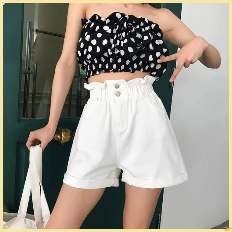 Verão harem babados denim shorts cintura alta jeans elásticos para mulher em preto/branco/azul tamanhos S-3XL 2025 trendiest