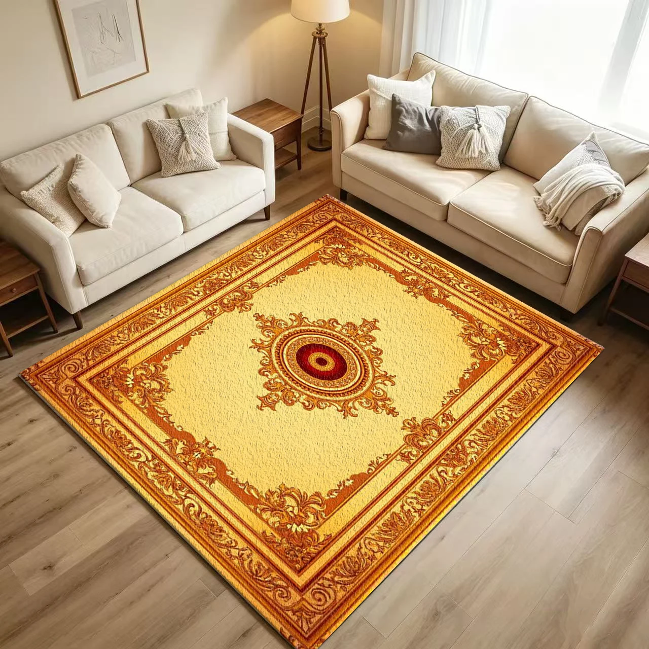 Luxury Golden European Palace Carpet Flooring Baroque Ornate Scroll Medallion Vintage Frame Art Pattern Printed Floor Rug for Household Indoor Noble Hall Home Decor