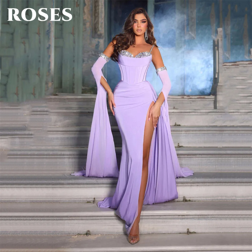 ROSES-Robe de Bal Violette en Mousseline de Soie pour Femme, Tenue de Soirée Sirène à Fente Haute, Bretelles Spaghetti, Poignées à Paillettes, Manches Détachables