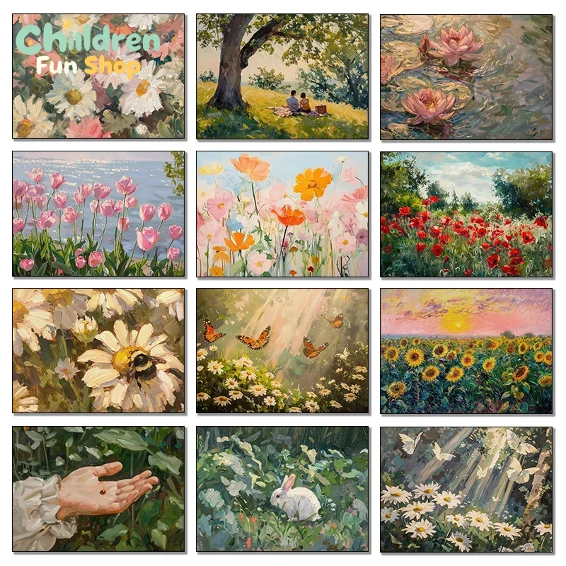 Spring Academy Wind Plant Flowers Daisies Tulip Butterfly Bees Retro Poster Diamond Paintings Wall Art Pictures Home Decor,No