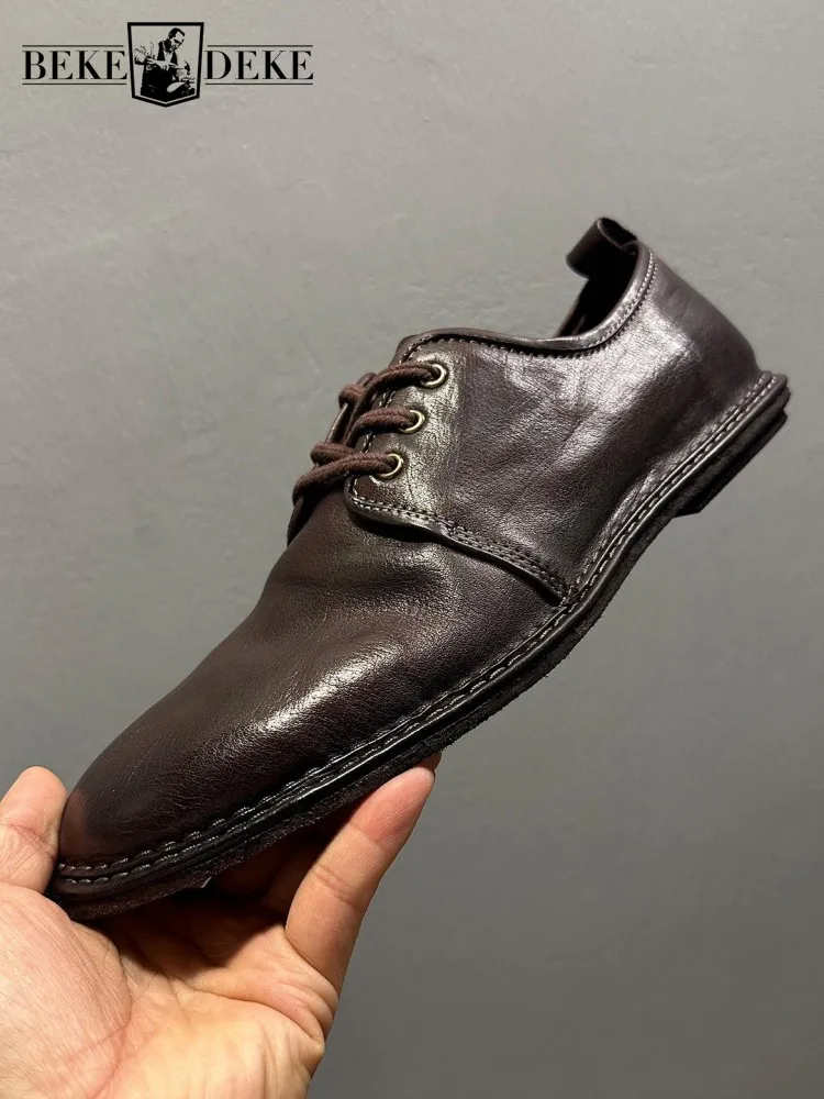Vintage Mens Genuine Leather Shoes British Style Office Men Work Derby Shoes Handmade Horsehide Business Casual Flat Shoes Male