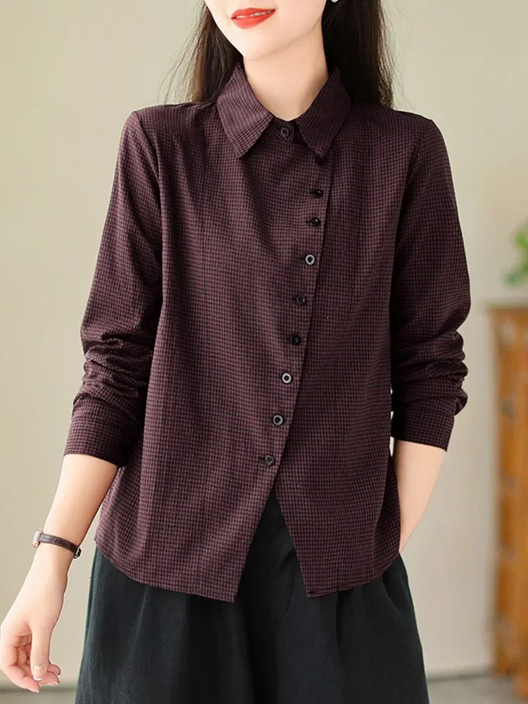 QWFR femmes à manches longues chemise décontractée nouveauté 2023 Style Vintage motif à carreaux tout-match ample femme couverture en coton chemises