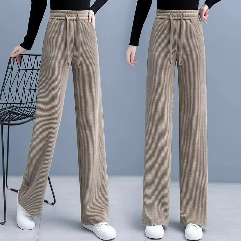 

Широкие брюки из шенилла для женщин, осень-зима, большие размеры, прямые, повседневные, на подкладке, утепленные, облегающие.