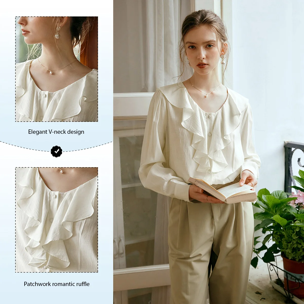 

Женская элегантная рубашка OLrain 2026: Французский стиль, V-образный вырез, длинный рукав, свободный крой, дышащая ткань, для повседневной носки, модель M56QC9331