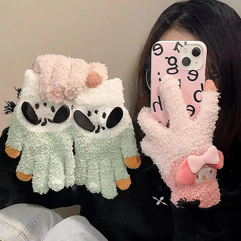 

Симпатичные перчатки Sanrio Kuromi Melody, плюшевые коралловые зимние теплые перчатки, симпатичные перчатки для студентов, велосипедные перчатки с пятью пальцами