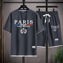 Men's Waffle Sets France Paris Casual T-Shirt + Shorts Set 2PC Summer Male Sports Suits Tracksuit Loose Suit Man T shirt Clothes