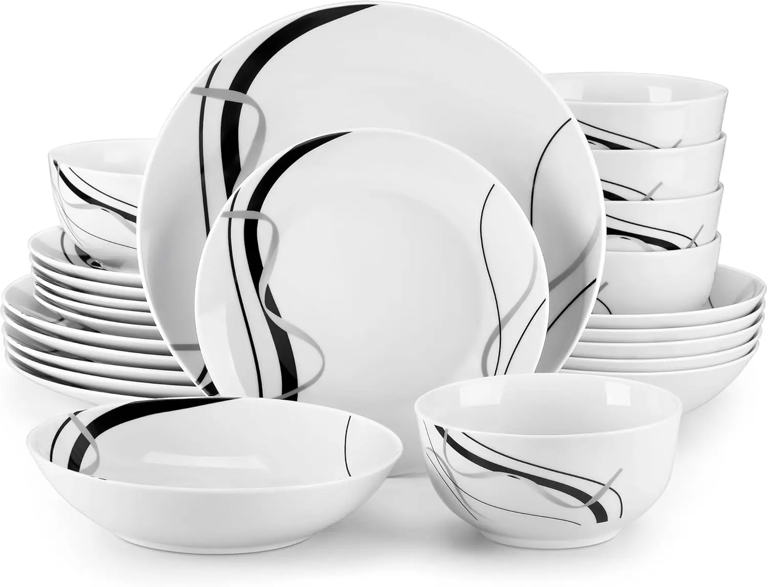 

Porcelain Dinnerware Sets for 6, 24 Pieces Plates and Bowls Set with Black and Grey Ribbon Lines, Dishes Set Dining Ware for Din