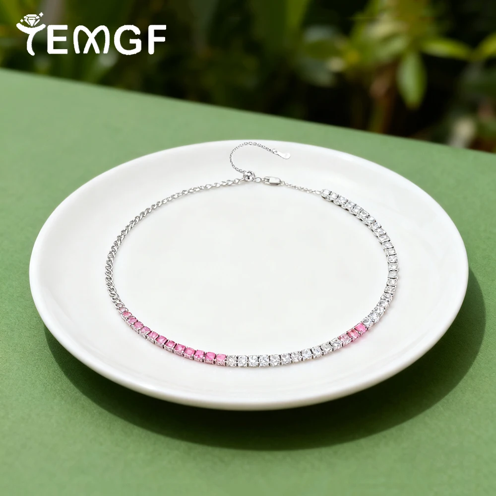 

TEMGF S925 Sterling Silver Necklace Gradient Pink Zircon Chokers Chain for Women Girls Fashion Sparkling Fine Jewelry Gifts