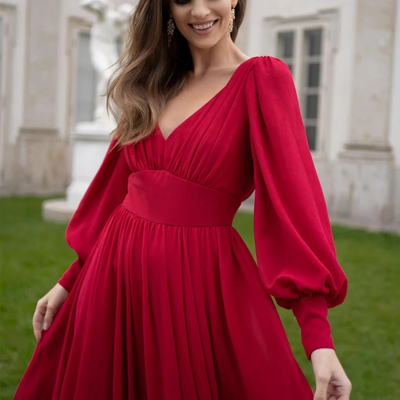 Spring Summer Red Chiffon Long Sleeve Casual Women Luxury Korean Fashion Clothing Party Midi Dress 2024 Elegant Bodycon Dresses