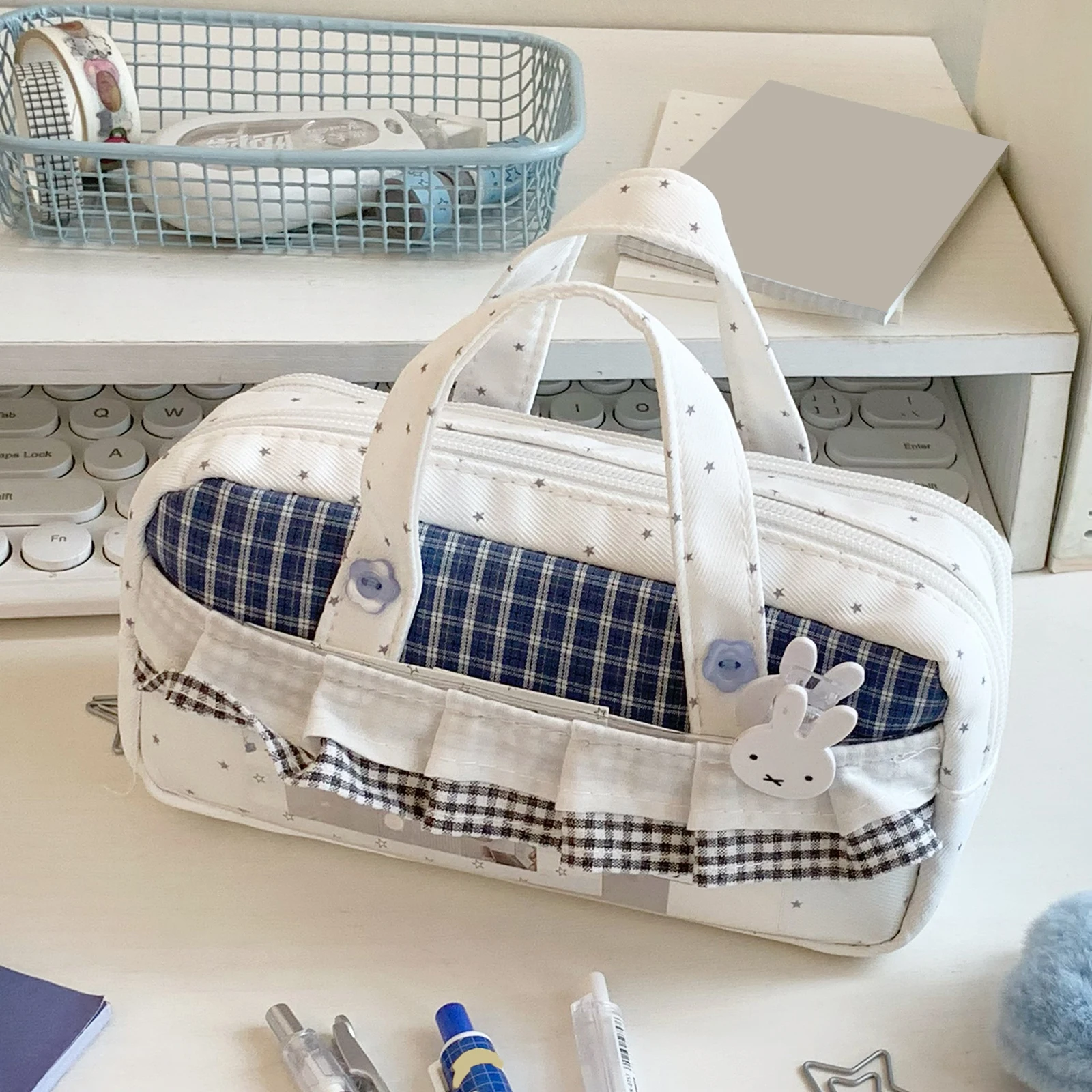 Korean Plaid Grid Star Pencil Pouch Large Capacity with Handle Multi-Purpose Cute Ruffle Stationery Organizer Bag