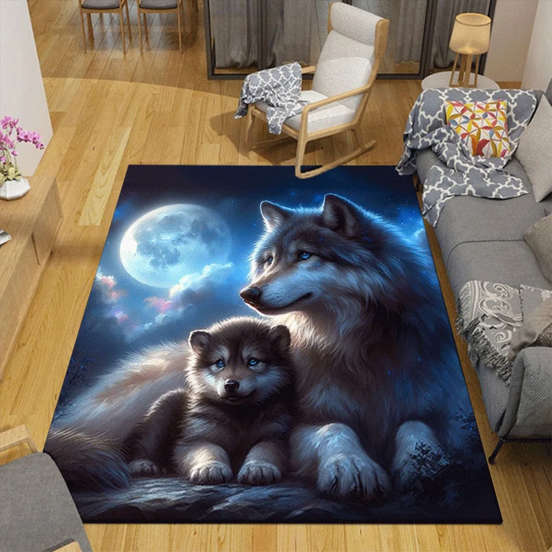 

Moonlight Wolf and Cub Print Flannel Area Rug, Non-slip Soft Floor Mat for Bedroom Living Room Home Decor