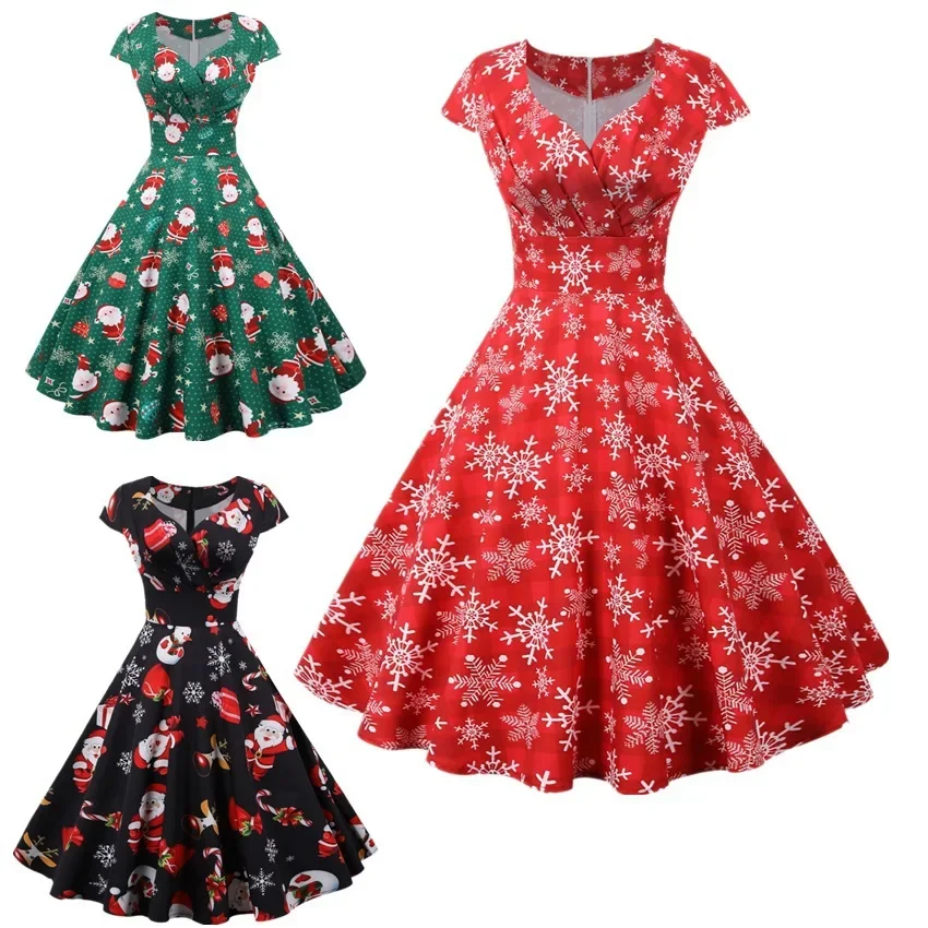 

White Print Vintage Christmas Dress Women Winter Big Swing Elegant Short Sleeve V Neck Sexy New Year Party Sundress