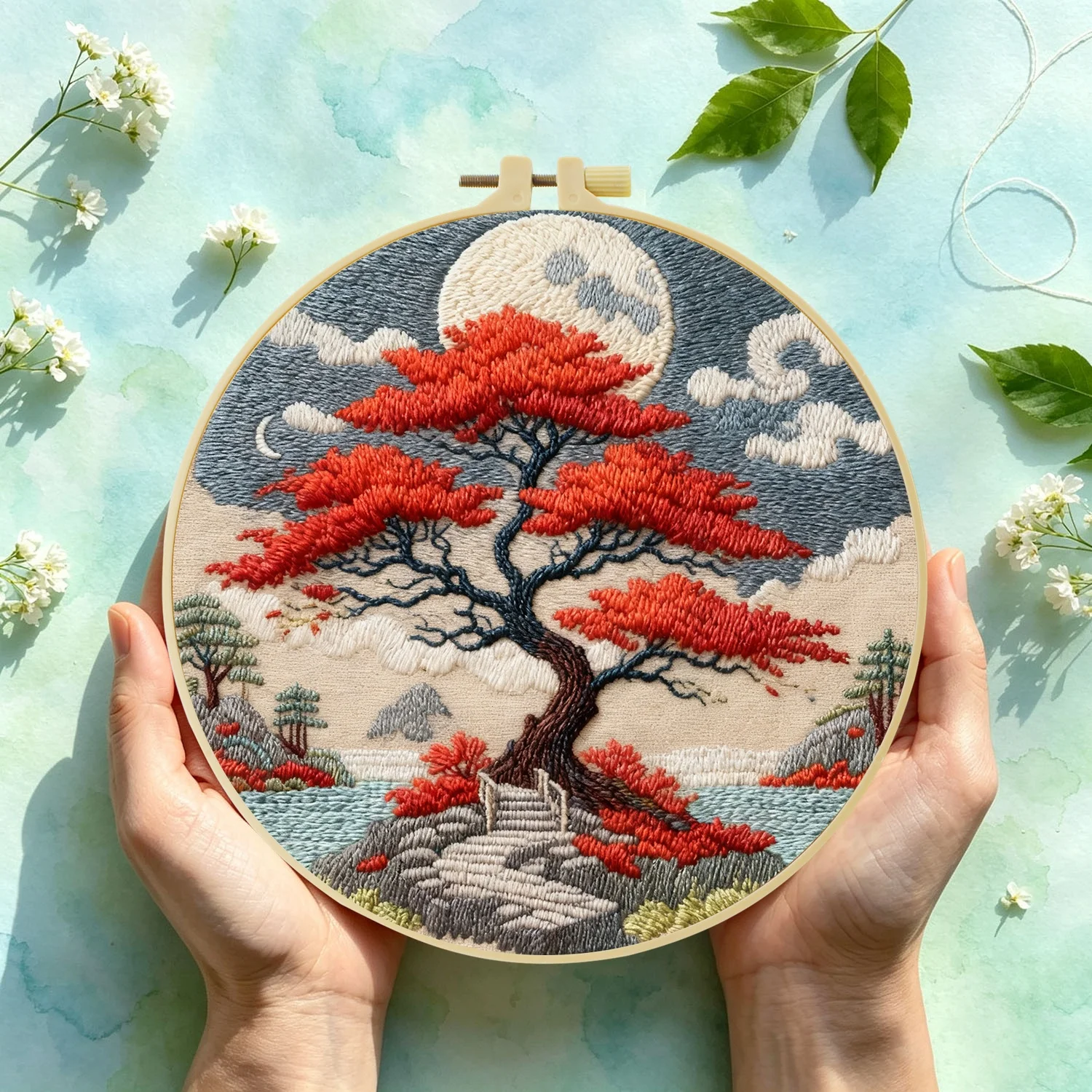 Roter Baum, monnengelichteter See, 1 Stück DIY-Stickmaterial-Set für Anfänger, Stick-Starter-Kit, Kreuzstich-Kunst als Geschenk, Handarbeit C – Detail 4