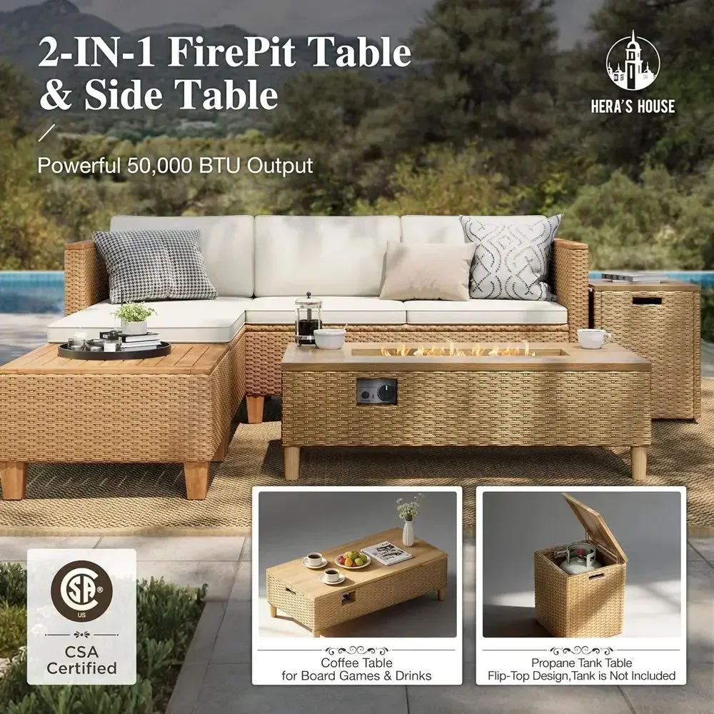 4-Seat Outdoor Wicker Sectional Set with Fire Pit Table, L-Shaped Patio Furniture in Yellow Rattan Style