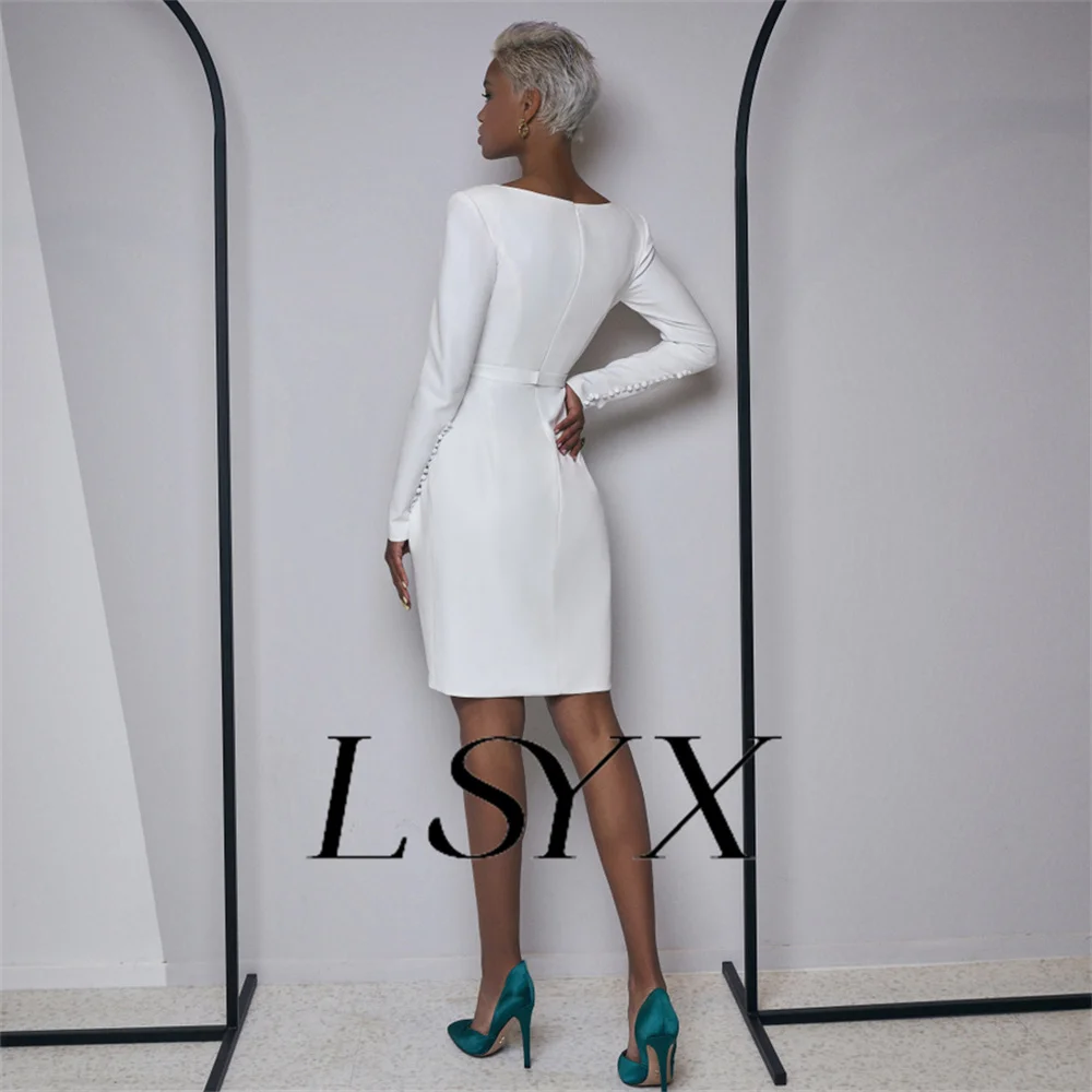 LSYX V-Neck Long Sleeves Sheath Pleats Crepe Mini Wedding Dress For Women Zipper Back Above Knee Short Bridal Gown Custom Made