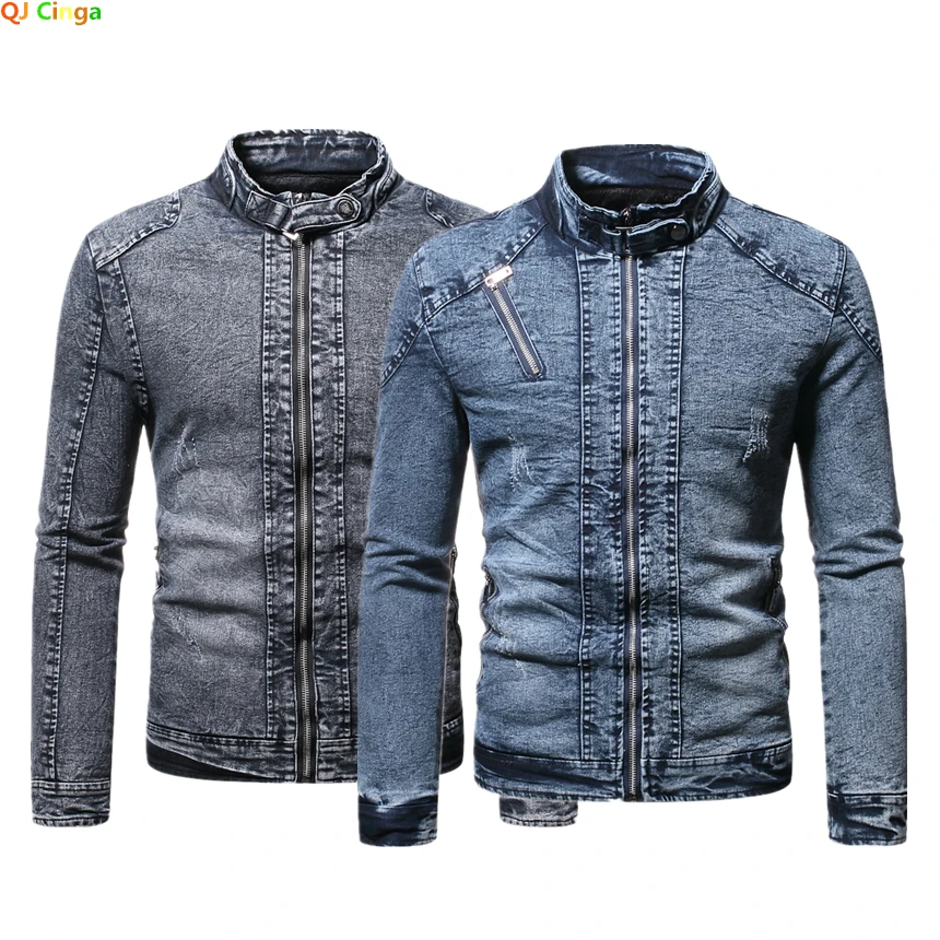 Blue Standing Collar Denim Jacket Men's, Fashion Casual Jacket, Black Gray Overcoat Male Outerwear M L XL XXL XXXL