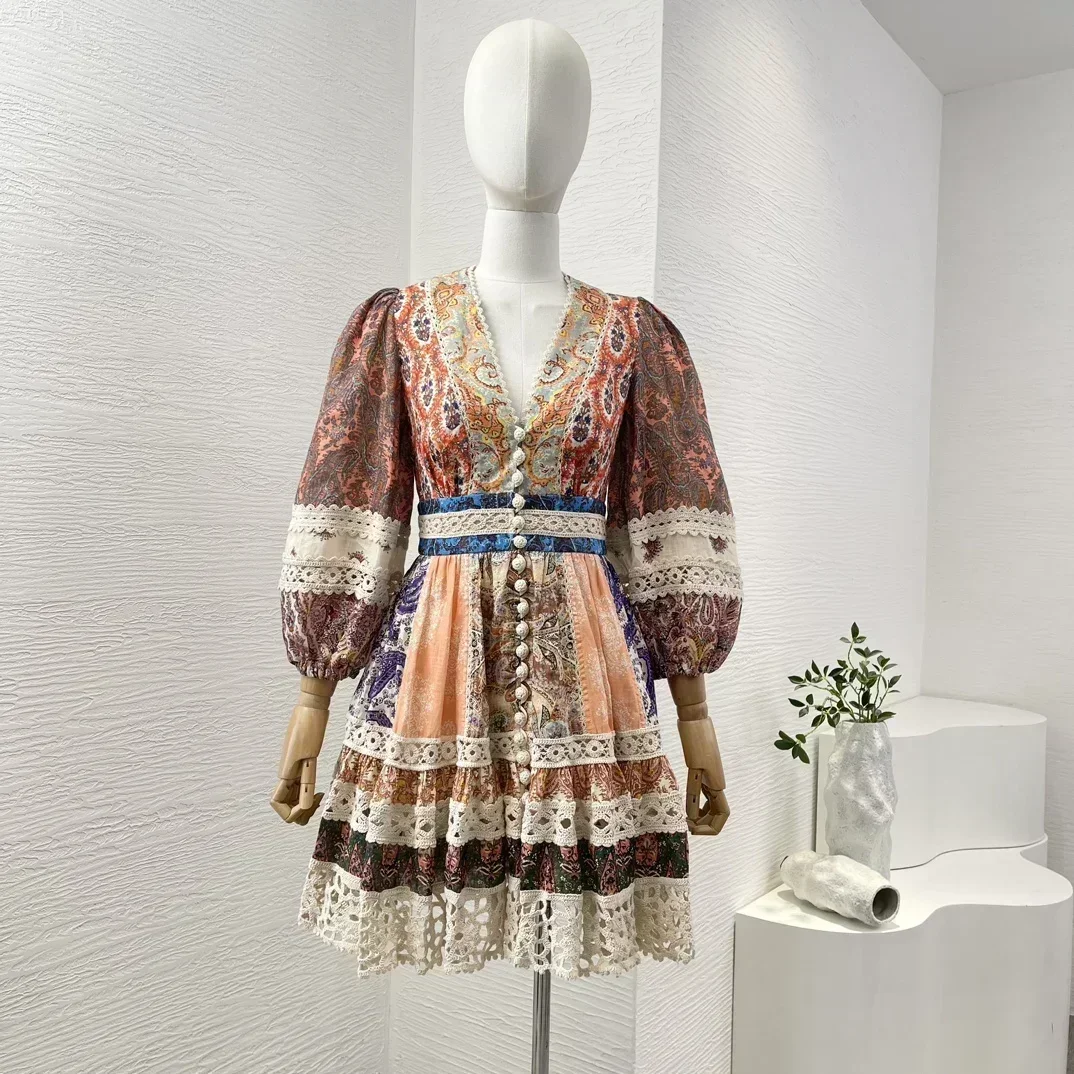 

Promotion High Quality Linen Hollow Out Vintage Lantern Sleeve Lace Patchwork Women Vintage Mini Dress