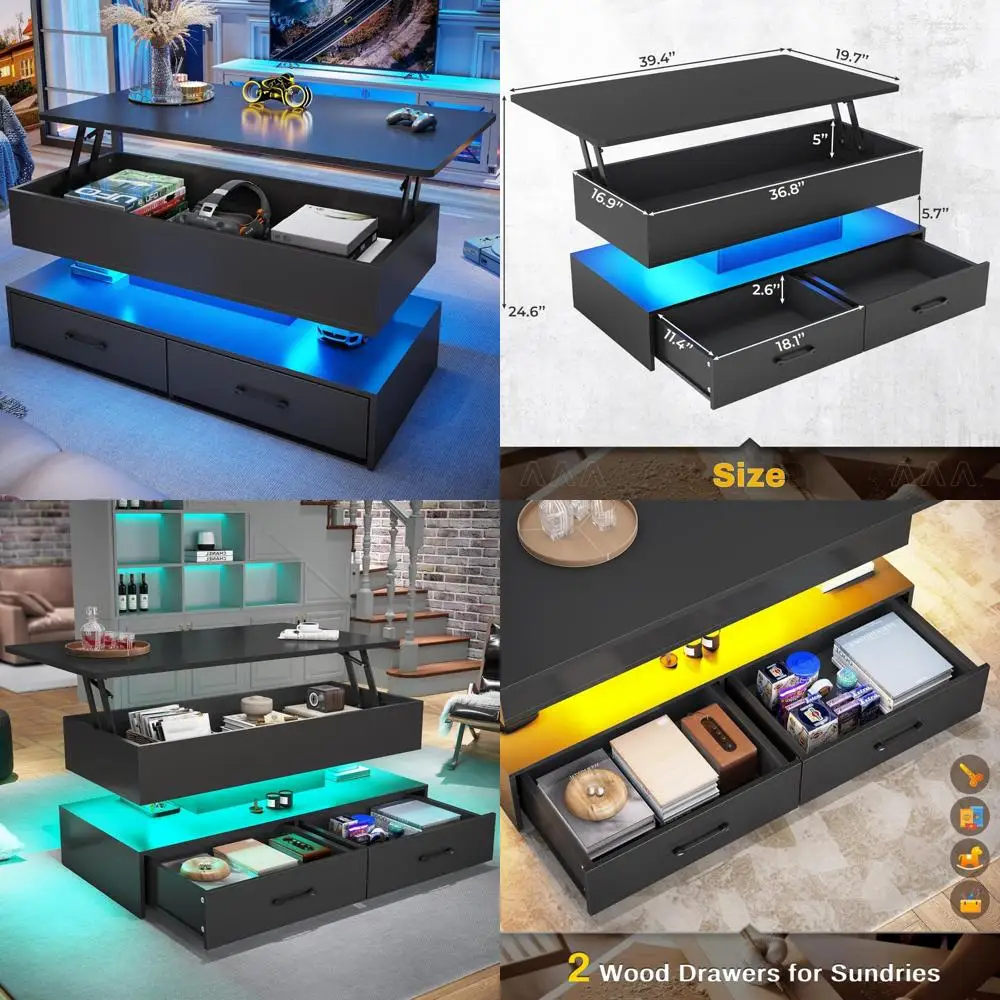 

Журнальный столик с подъемным верхом и местом для хранения вещей и светодиодной подсветкой для гостиной, небольшой столик с двумя ящиками