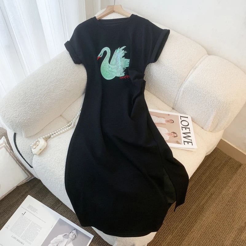 Women Larg Size Loose Swan Embroidery T Shirt Dress Short Sleeve O Neck Split Casual Dresses 2023 Summer New Fashion Clothing