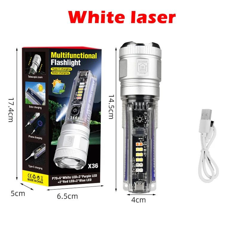 High Power White Laser Flashlight Super Bright LED Spotlight Long Range Torch Zoom Emergency Outdoor With Multiple Lighting Mode