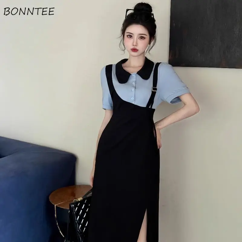 Midi Length Dresses Women Fake 2 Pieces Short Sleeve Slim Summer Side-slit Preppy Style Korean Fashion Students Chic 3XL Ins