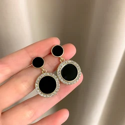 Crystal Black Round Drop Earrings for Women Double-layers Oil Dangle Earrings Bohemian Elegant Wedding Jewelry Hanging earrings