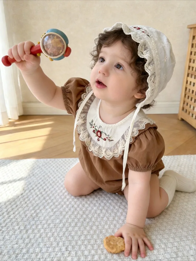 Cute girls' jumpsuit retro embroidery summer new cotton dress baby crawling Short sleeve jumpsuit children's clothing Rompers