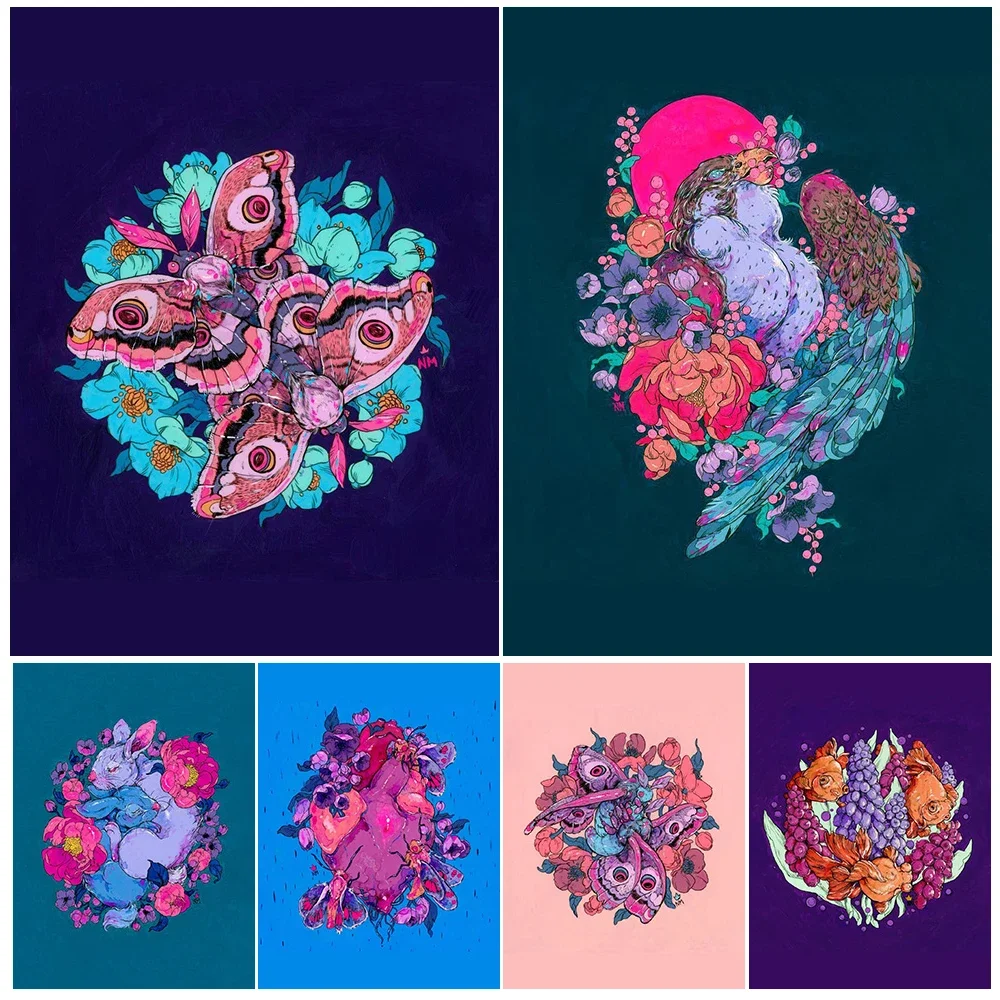 

Twin Moths And Rabbits Mysterious Animal Art Poster And Print Heart Hive And Greedy Bird Wall Art Canvas Poster And Print Decor