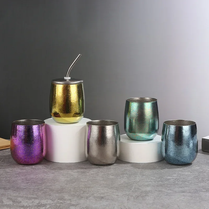 240ml Eggshell Beer MUG with lid And Straw,Double Layer Pure Titanium,Heat Proof,Crystal Surface,Portable Outdoor Water CUP